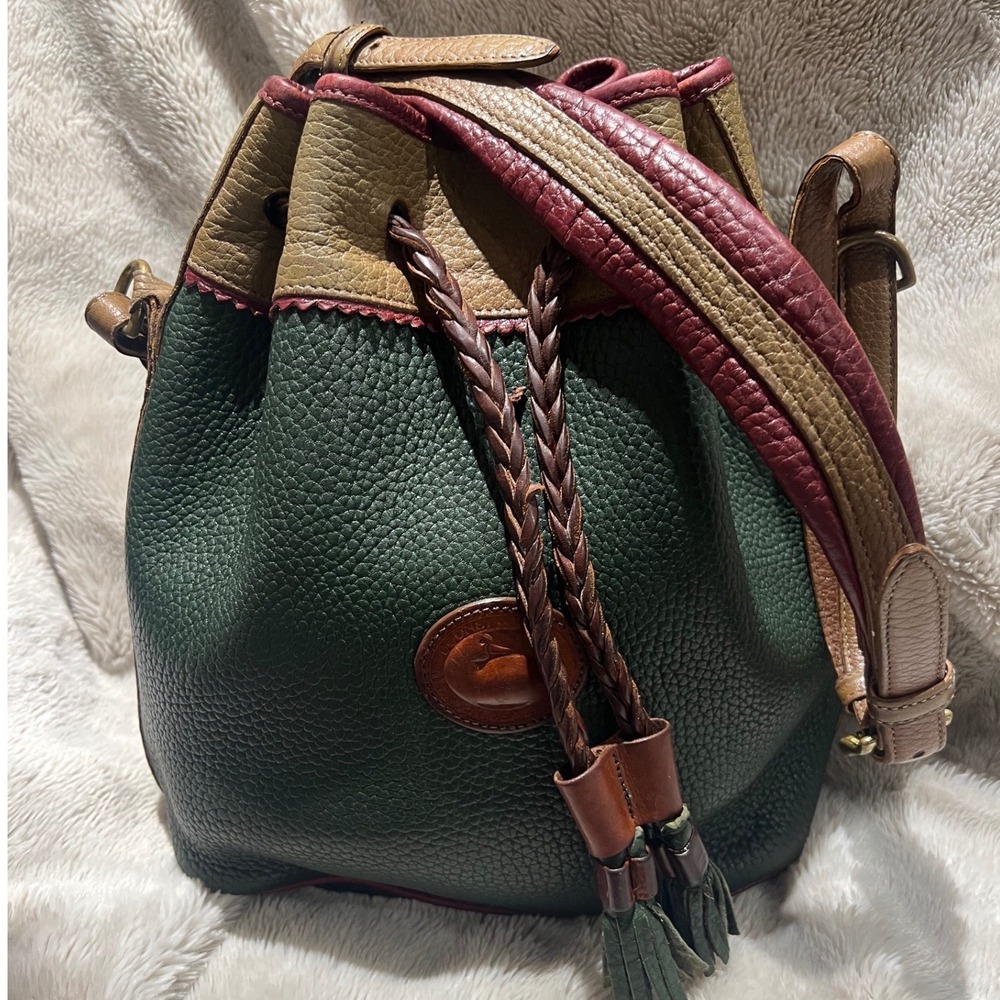 Dooney & Bourke Vintage Bucket Bag All Weather Leather Green Tan Burgundy 12x10